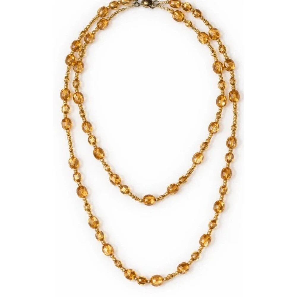 Vintage 1960 Amber AB Faceted Glass Beads Necklace 38